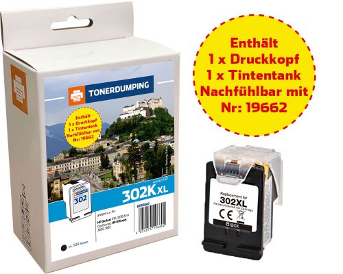 1x Adapter + 1x XL-Tintentank kompatibel mit HP 302XL/ F6U67AE schwarz : jetzt kaufen - Marke: Tonerdumping